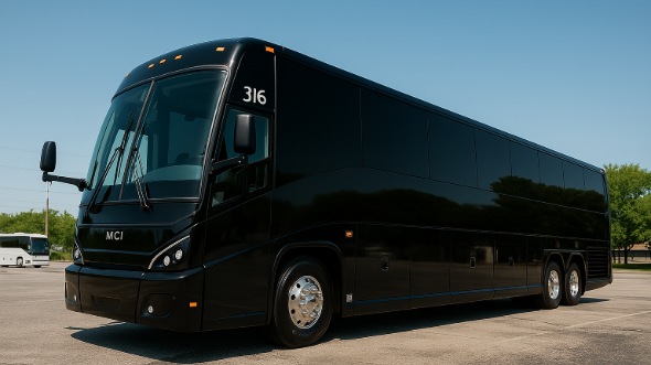 Exterior of Charter Bus Company Council Bluffs's 54 Passenger Charter Bus in Council Bluffs
